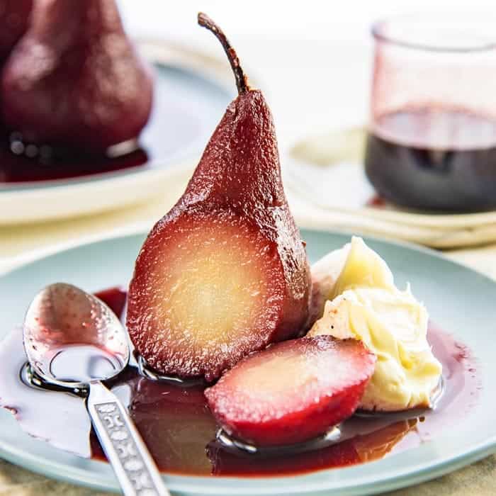 red wine poached pairs sunset sky farm